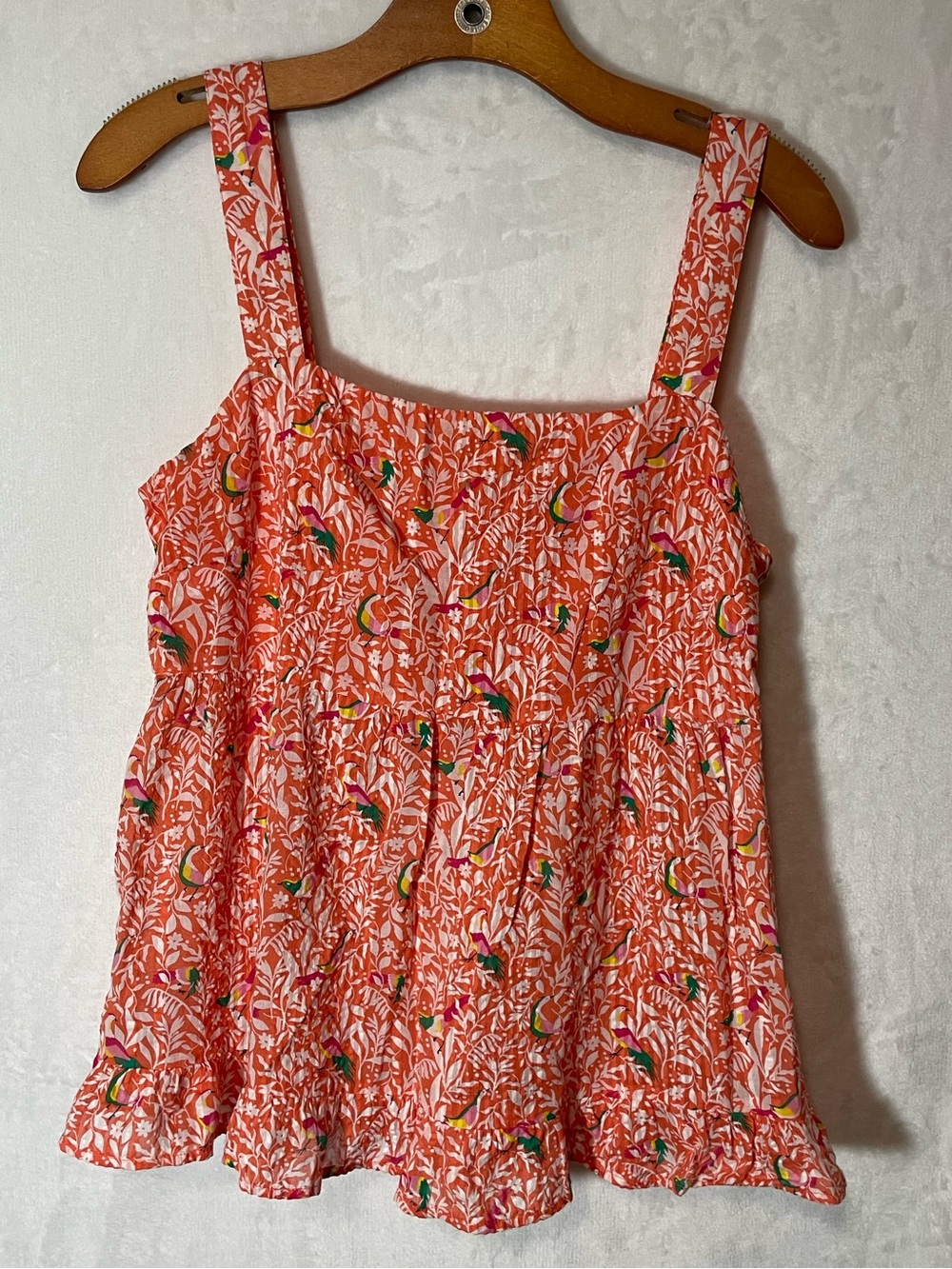 LOFT Bright Summery Coral Floral Smocked Tank W Birds